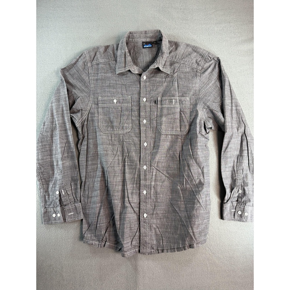 KAVU Shirt Mens XL Gray Chambray Long Sleeve Button Up Pockets Casual Outdoor